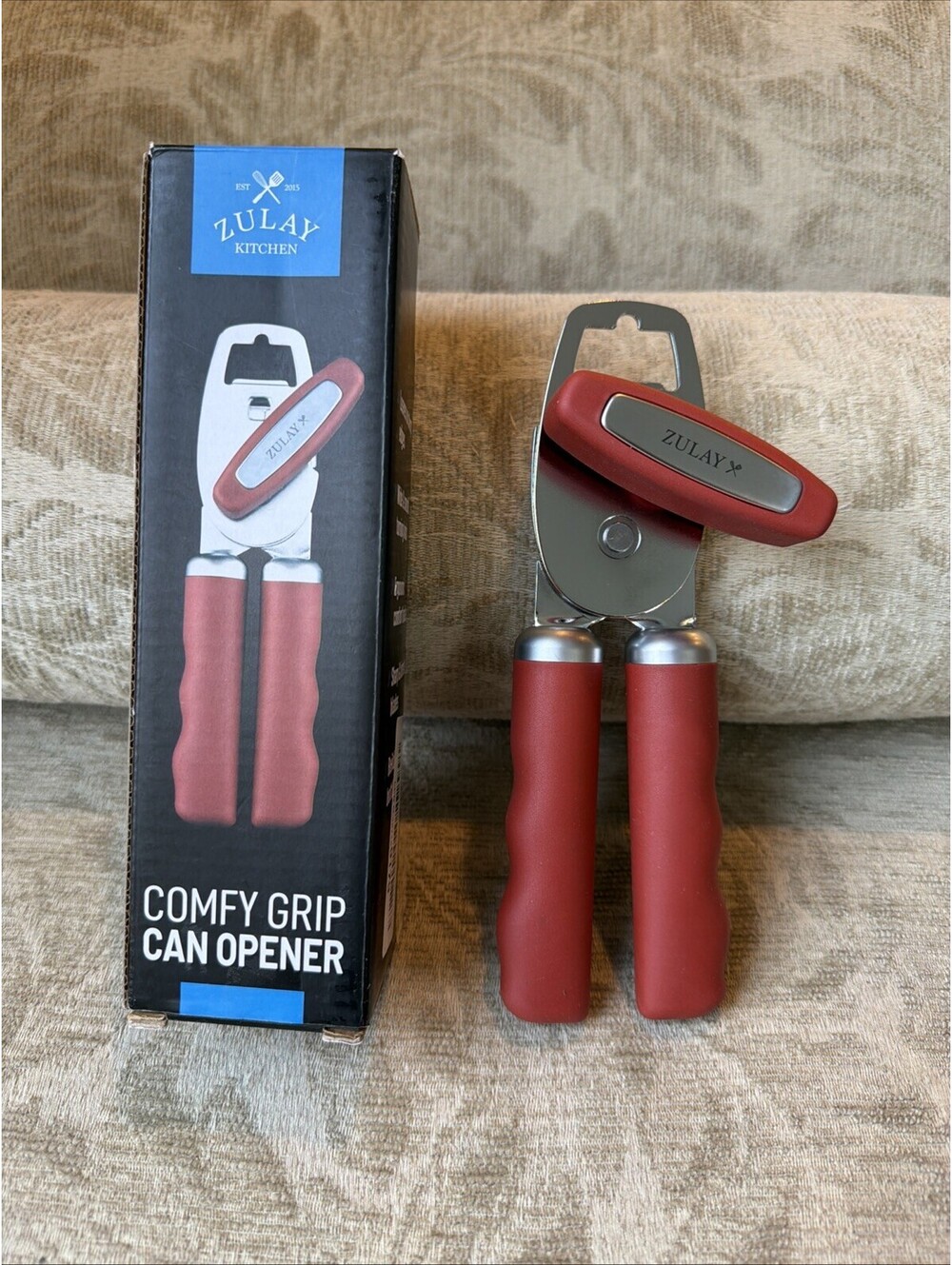 Zulay Kitchen Heavy Duty Stainless Steel Can Opener Manual Comfy Grip, Red